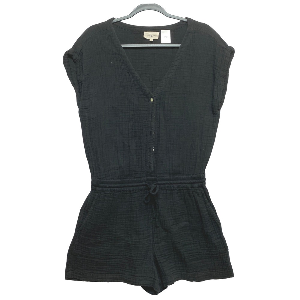 Lou & Grey Romper Medium Black Cotton Gauze Button Front Drawstring Waist Pocket